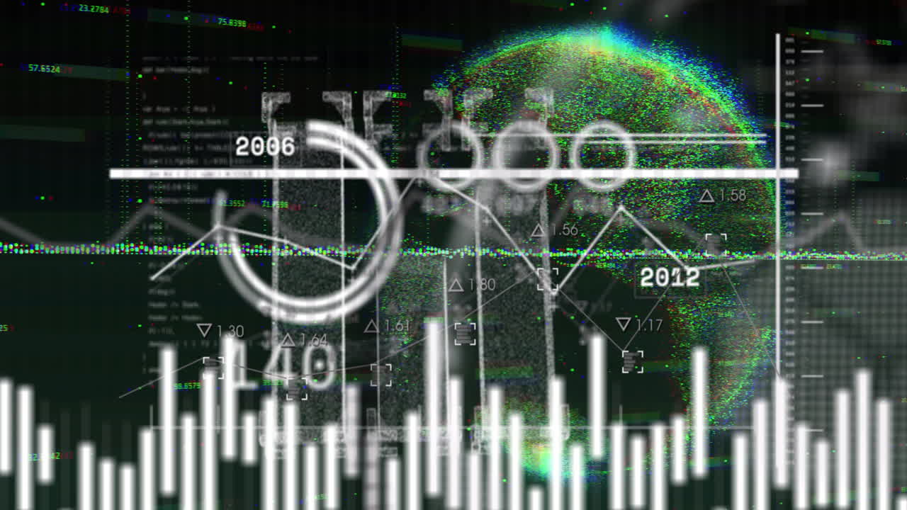 Creating animation of data visualization with graphs and timelines over digital globe
