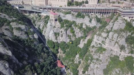 aerial shot of abbey of montserrat with tourism gondola