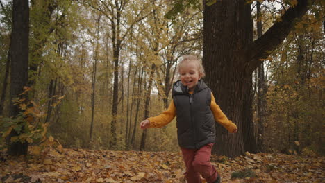 happy childhood and fun time at nature little child boy is running in forest at autumn day stepping over dry foliage on ground cute smiling face of toddler