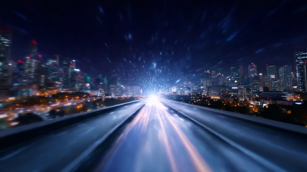 Luci urbane dinamiche: un viaggio attraverso il motion blur in un vivace paesaggio notturno con scie luminose in accelerazione e un senso di velocità ed effetti di movimento
