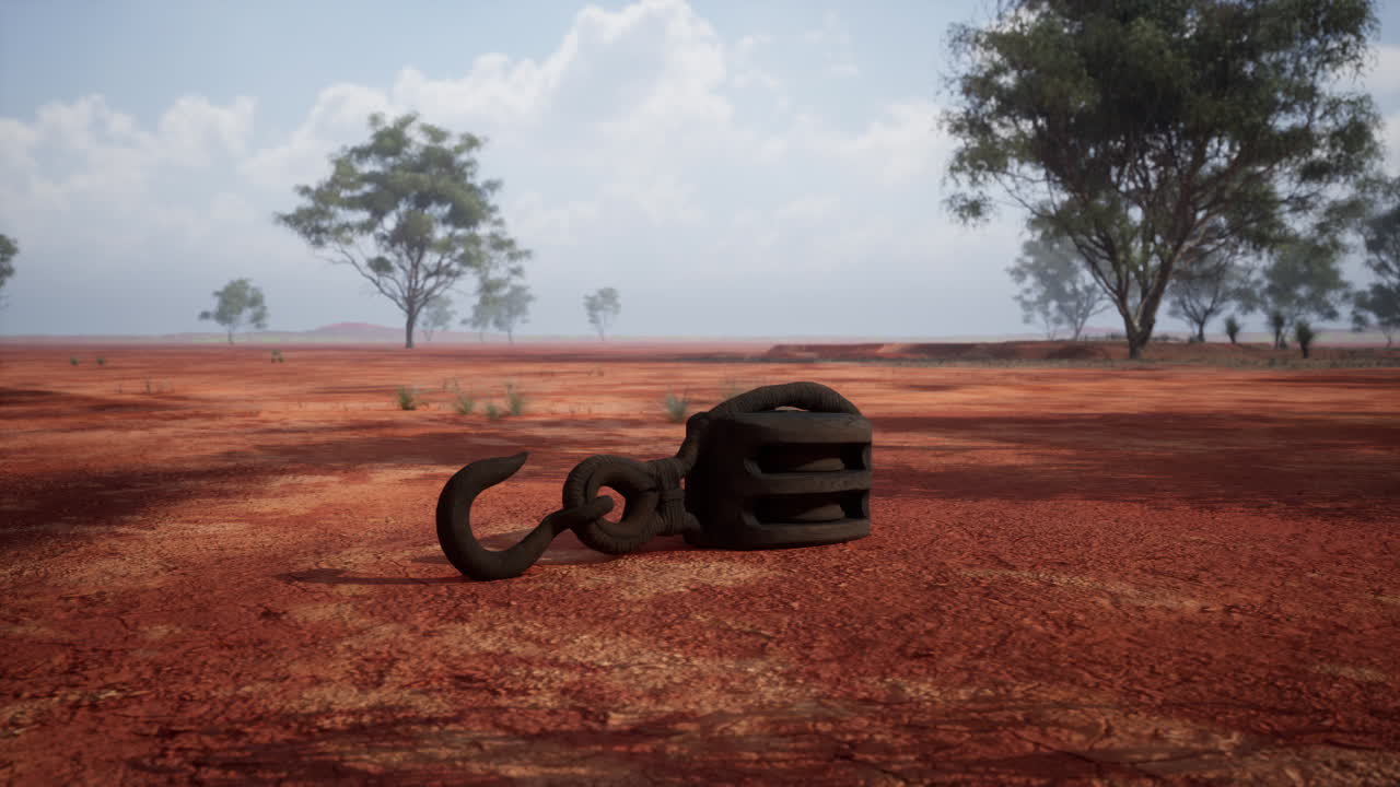 Un gancio e una carrucola arrugginiti giacciono sulla sabbia rossa di un paesaggio desertico