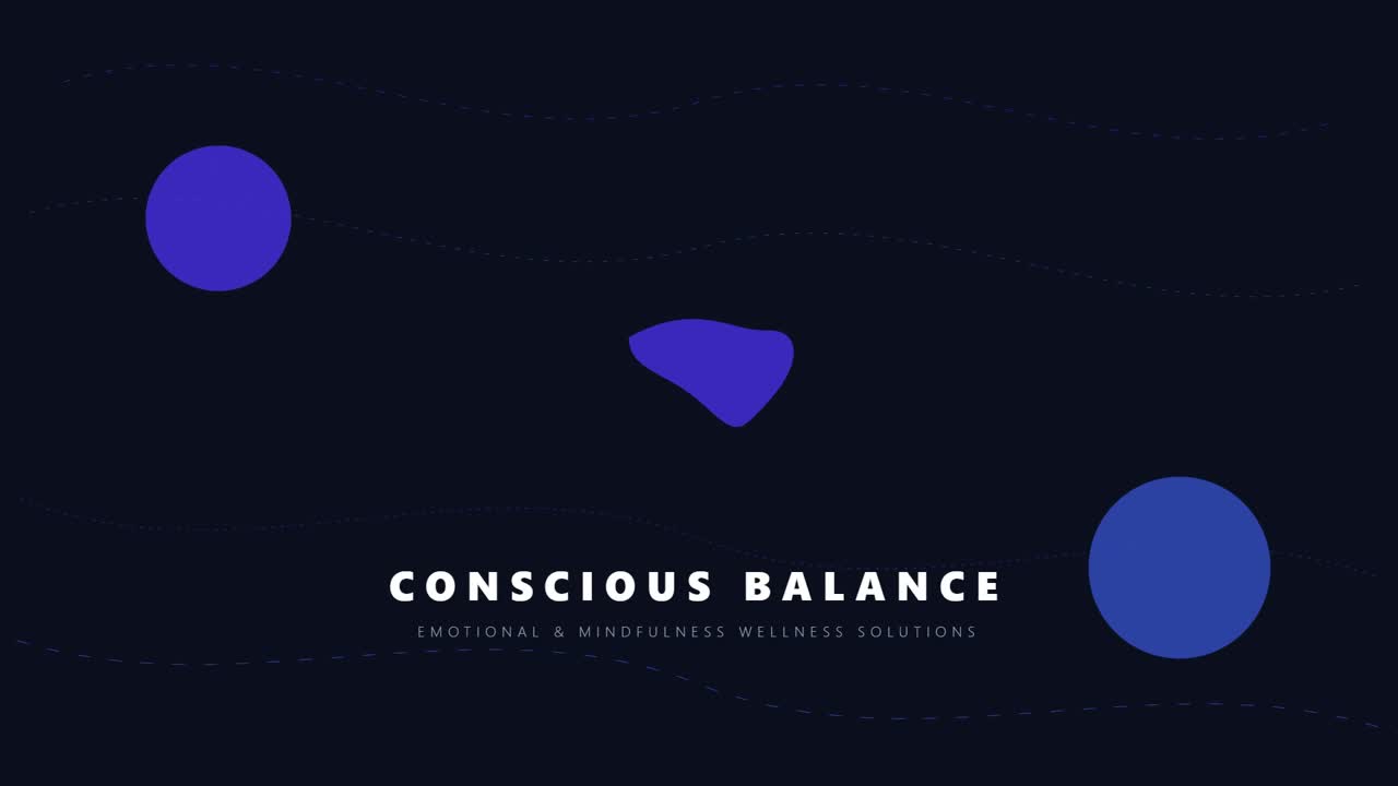 3D-gengivelse af konceptet Bevidst Balance med svævende abstrakte former på mørk baggrund, der skaber mindfulness-animation designet til wellness-visuals, meditationstemaer og videooverlejringer