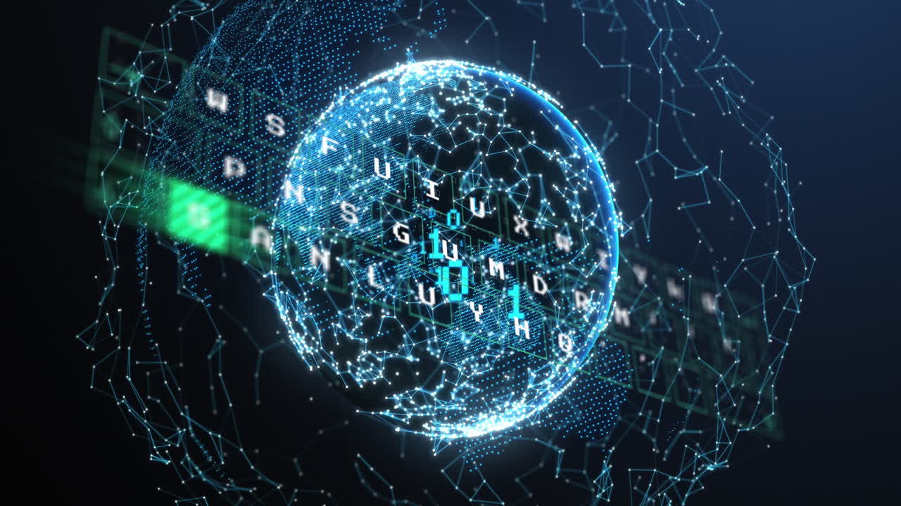 Animation of data processing over globe and network of connections on blue background