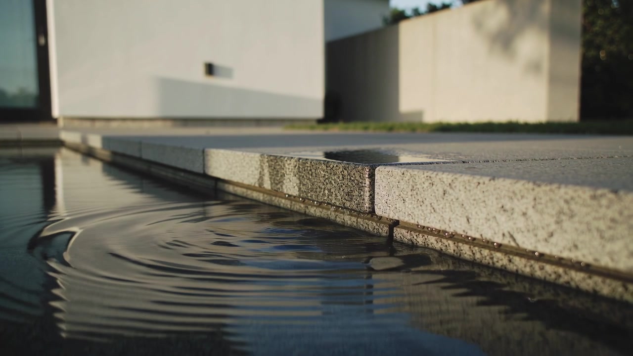 Sending ripples, stone pool edge creating concentric rings on reflecting pool, dripping from ledge