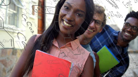 digital composition of chemical structures floating against group of college students holding books