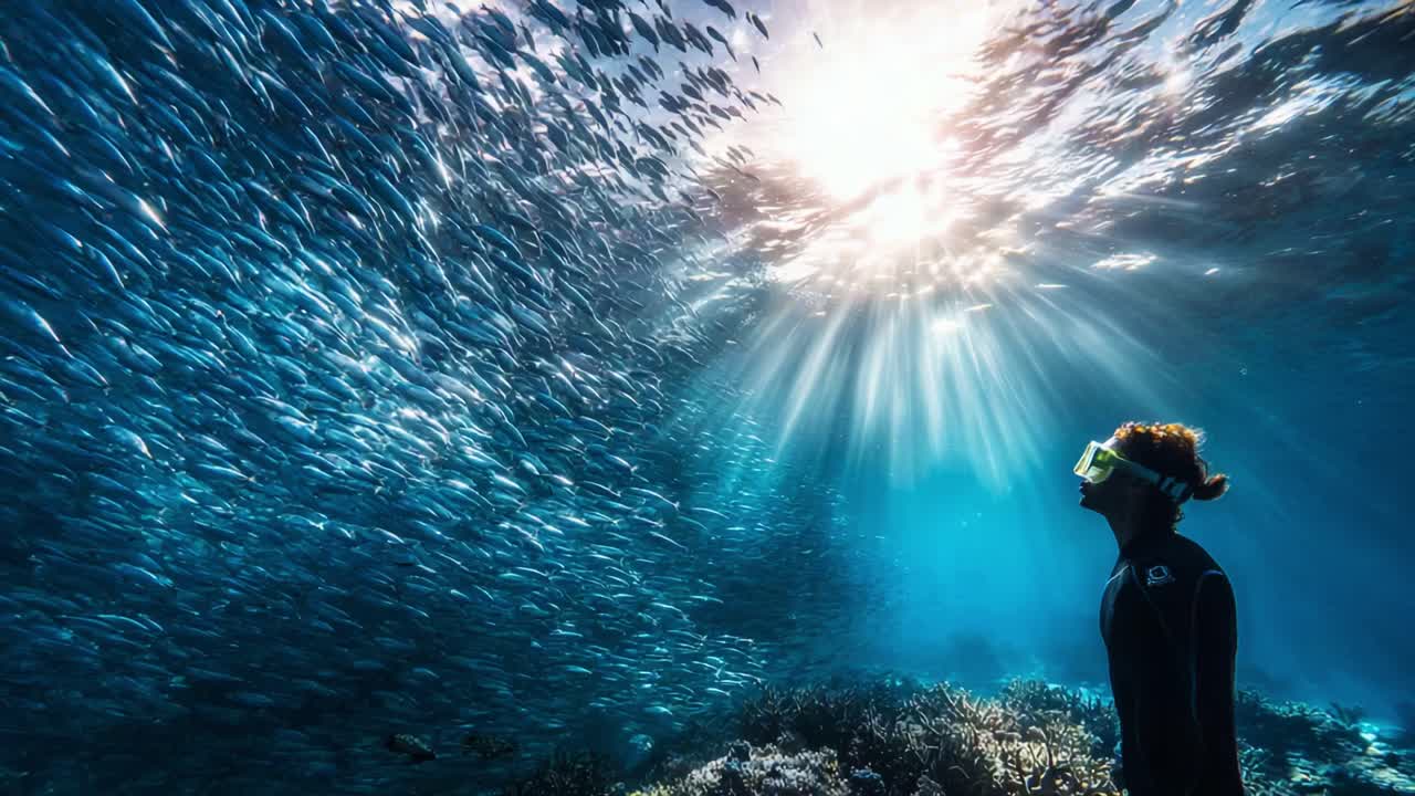 A mesmerizing journey into the deep blue ocean, showcasing a snorkeler surrounded by a swirling mass of shimmering fish and illuminated by radiant sunbeams penetrating the water's surface