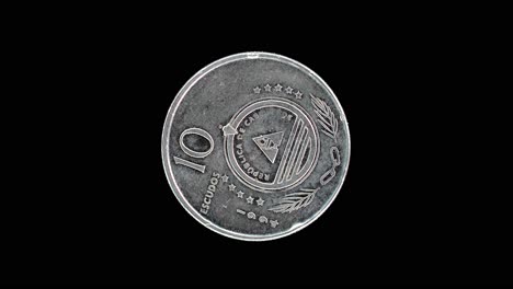 cape verde 1994 10 escudos coin obverse with national emblem rotating on black background