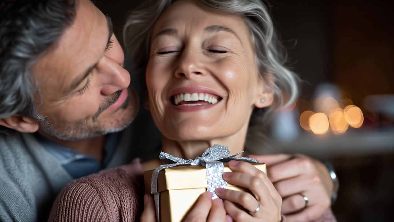 Un sorriso caloroso le illumina il viso mentre tiene un regalo. Un uomo le bacia la guancia, condividendo un tenero affetto. Un tenue bagliore di sfondo aggiunge un'atmosfera accogliente e intima. Perfetto per festività, anniversari.