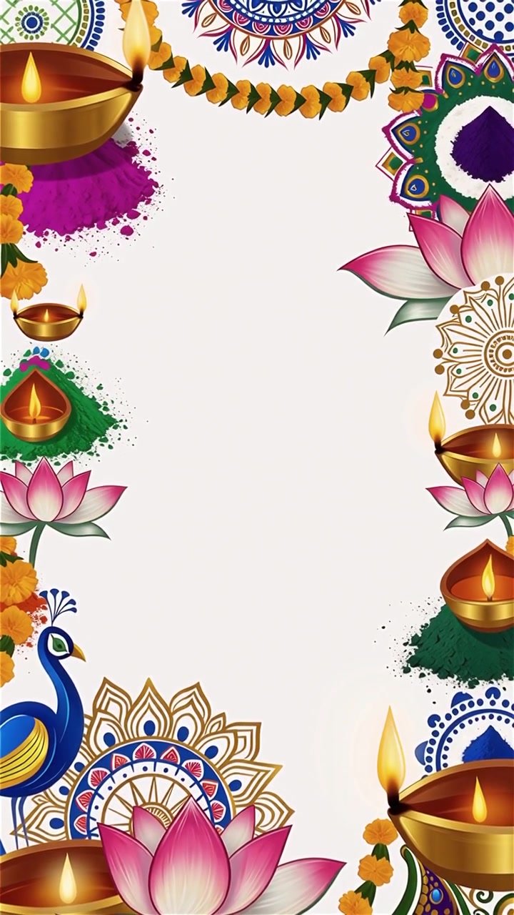Sfondo Diwali con Diyas luminosi, Rangoli e fiori di loto