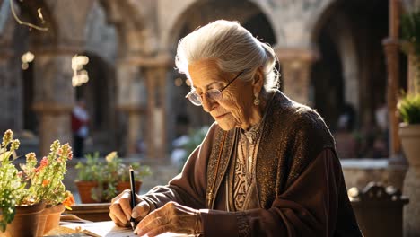 elderly woman drawing in a peaceful garden during late afternoon sunlight
