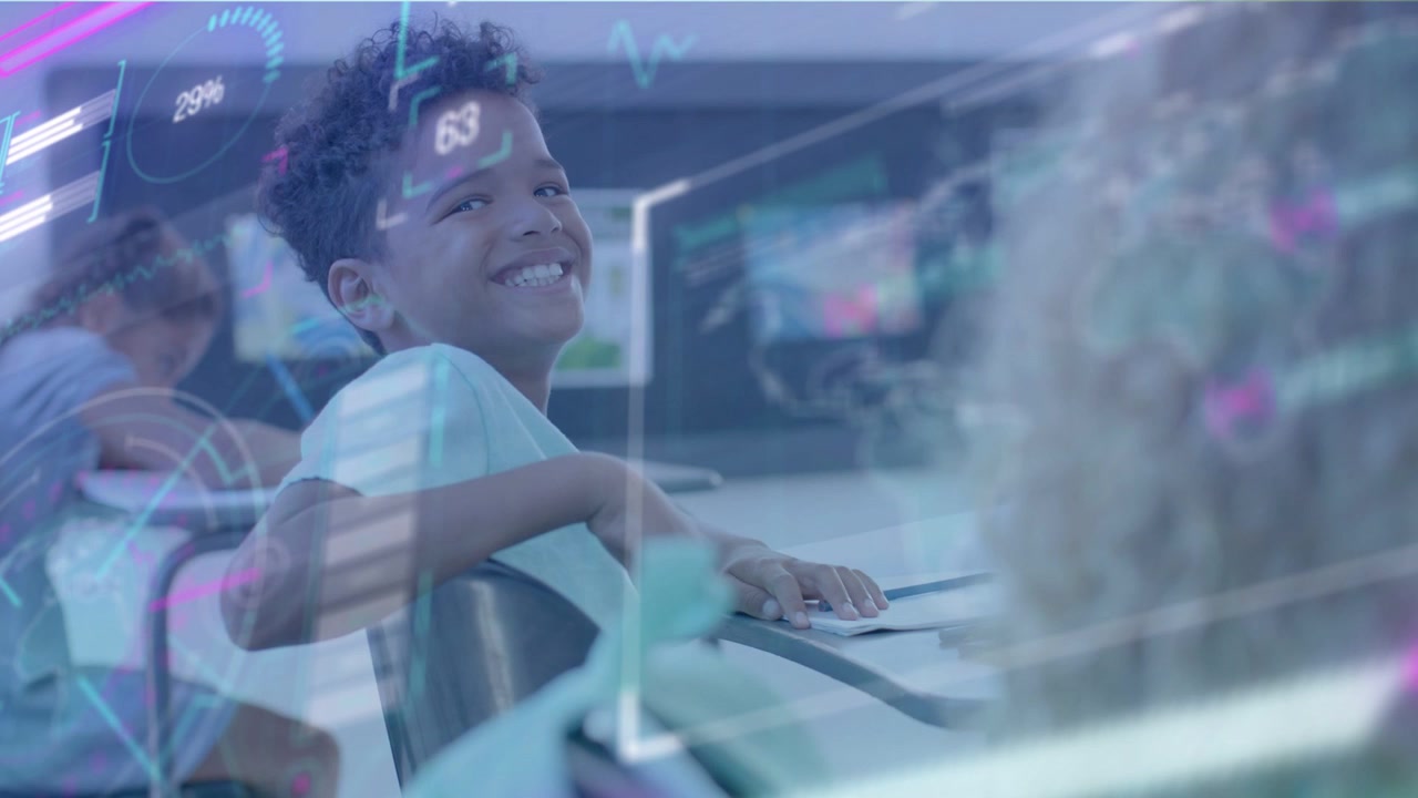 Male student in classroom adjusting glancing and smiling after peer cue while HUD dials shifting