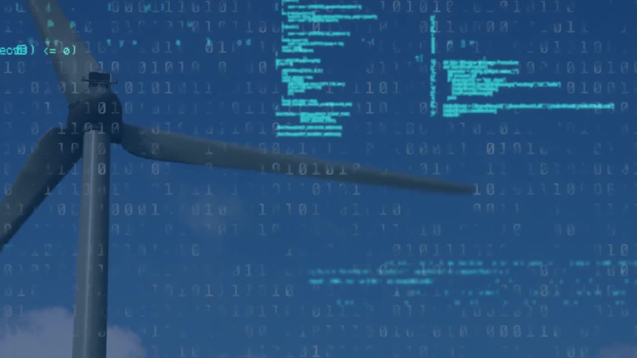 animazione del linguaggio informatico su codici binari e mulino a vento rotante contro il cielo