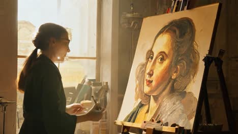 woman painting a portrait in her studio