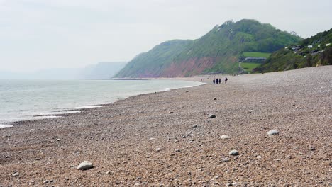 distant walkers enjoy the scenery of the pebble beach at branscombe in devon on the english channel coast