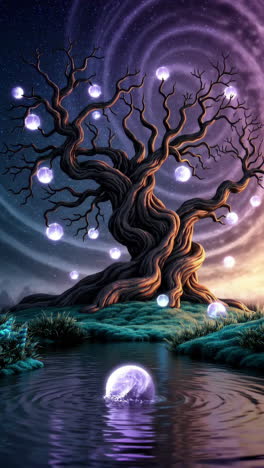 mystical tree with glowing orbs at dusk