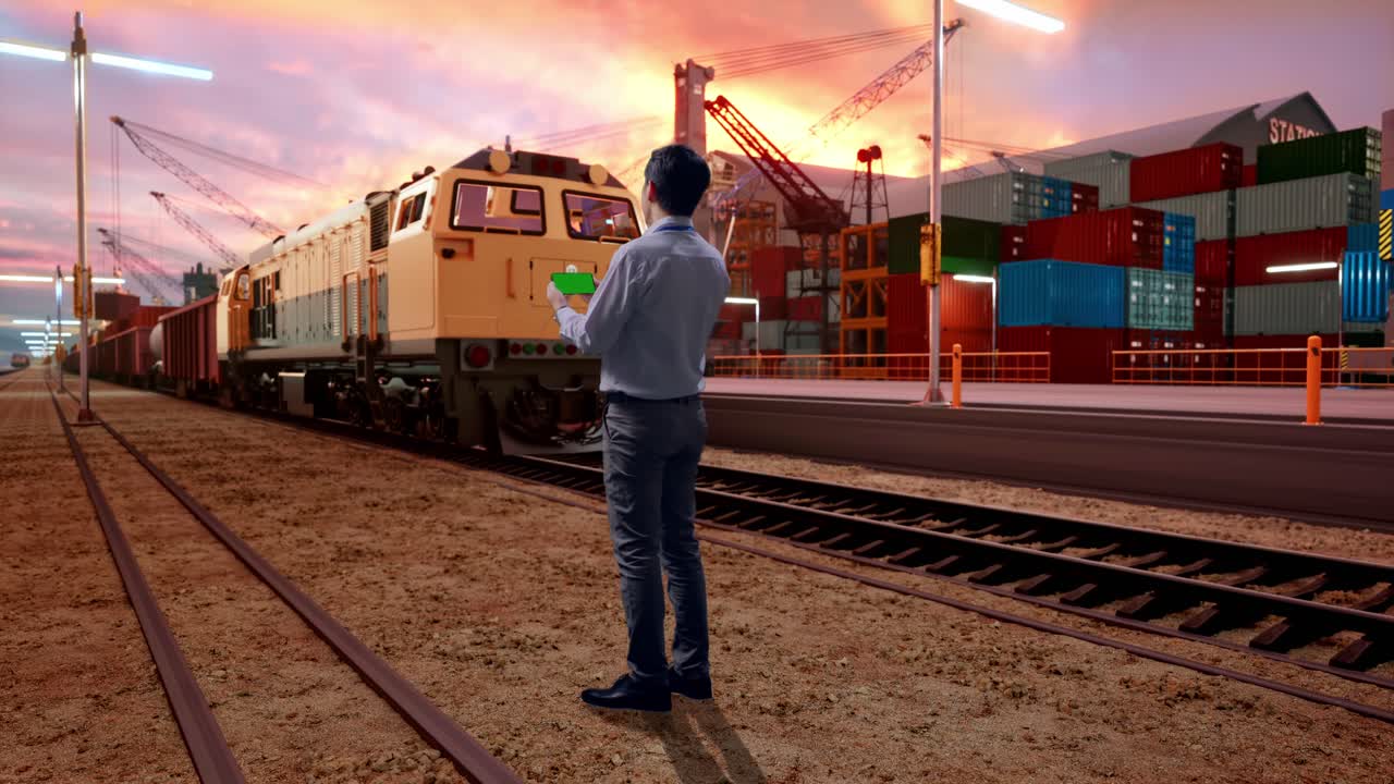 Full Body Back View Of An Asian Male Professional Worker Standing With Green Screen Smartphone With Freight Cargo Train At Port, Industrial Facility