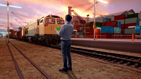 full body back view of an asian male professional worker standing with green screen smartphone with freight cargo train at port, industrial facility