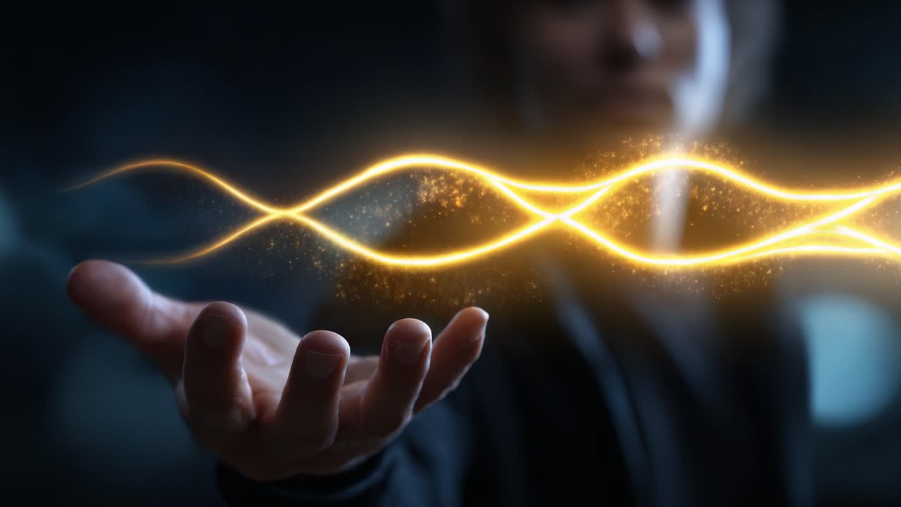 A captivating display of energy and motion, featuring a hand conjuring an infinite loop of shimmering light particles that evoke wonder and imagination in the dark