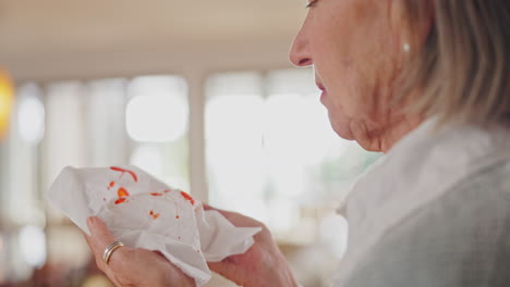 blood, tissue and nose with senior woman