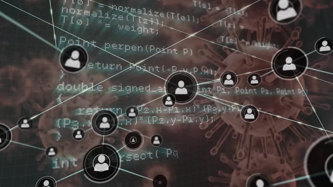 red de iconos de perfil y procesamiento de datos contra células y vasos sanguíneos de covid-19