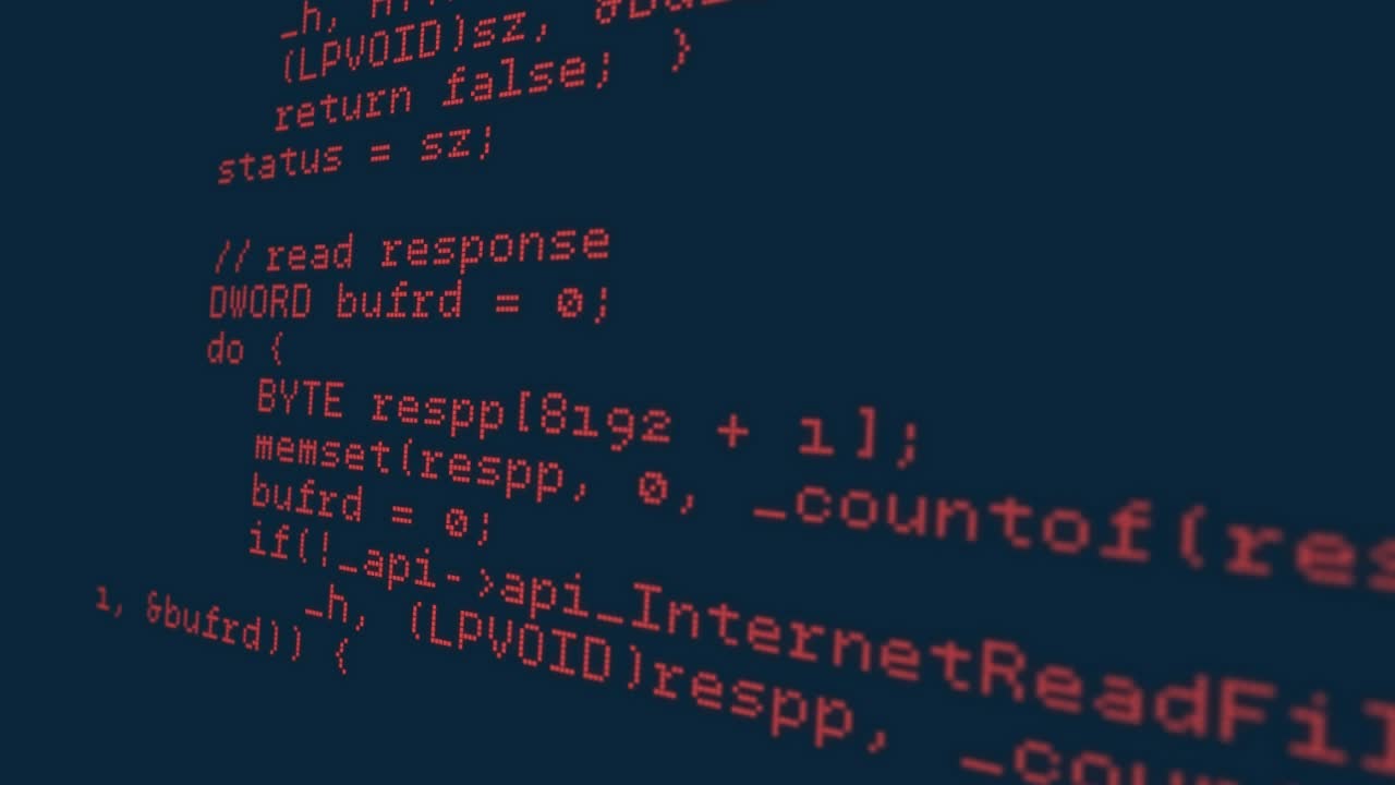 Animation of red programming code with yellow abstract lines on dark background