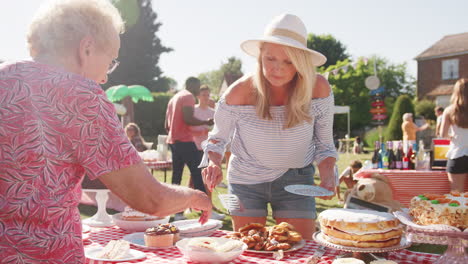 slow motion shot of mature woman serving on cake stall at busy summer garden fete