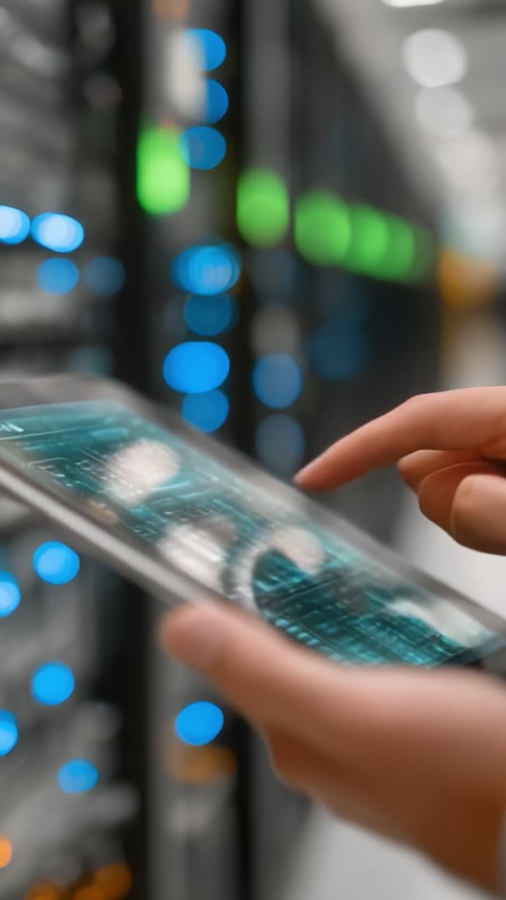 Exploring Digital Interfaces: A User Interacts with a Tablet Amidst Vibrant Server Rack Displays, Highlighting the Fusion of Technology and Data Management