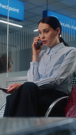 business woman on phone in airport lounge