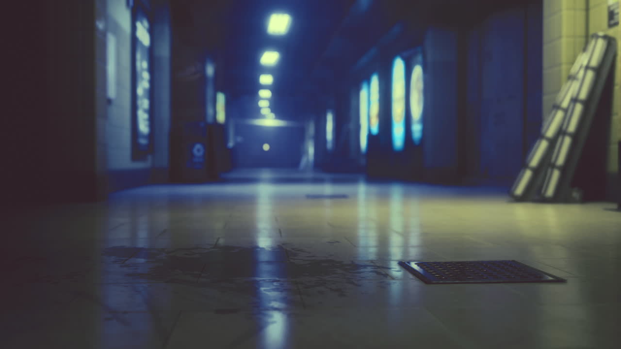 Vibrant glow in an empty corridor highlights reflections in the water