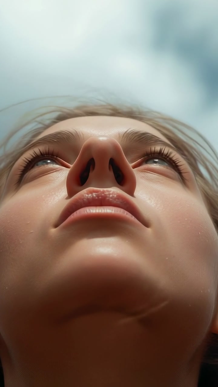 Vertical video: Reacting to sun shifting, woman holding head up, gazing outside under clouds, hair