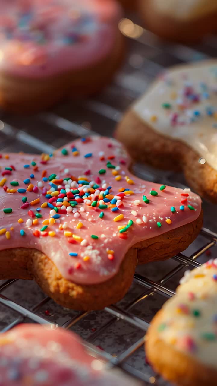 Vertical video: Star cookies lying on cooling rack in kitchen, with pink-white icing and sprinkles