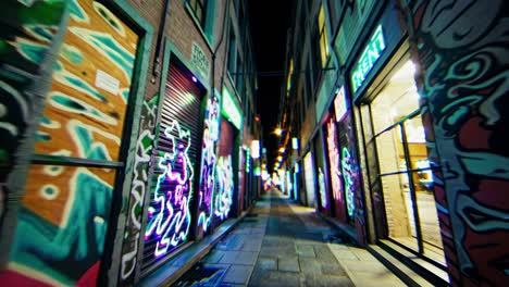 vibrant night alleyway with graffiti and neon lights