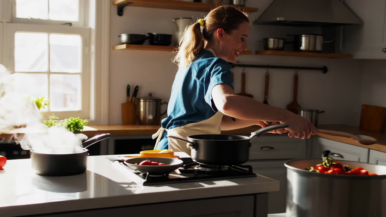 Woman Cooking in a Sunny Kitchen