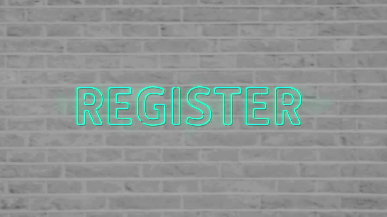 animación de texto de neón azul, registro, en fondo de pared de ladrillo gris