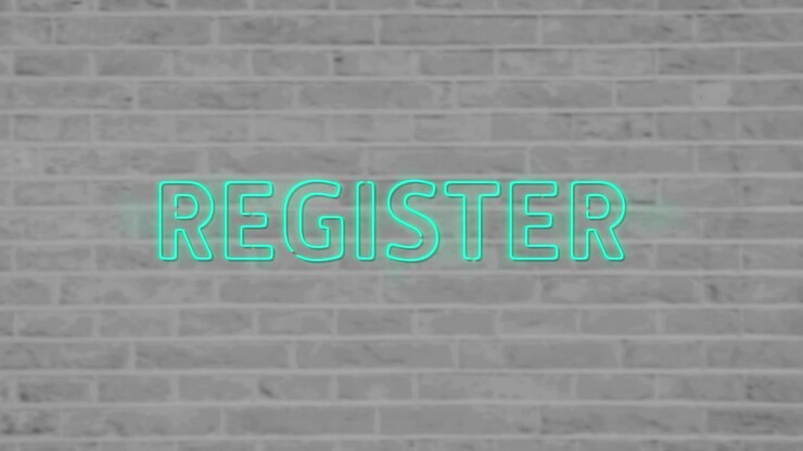 Animation of blue neon text, register, on grey brick wall background
