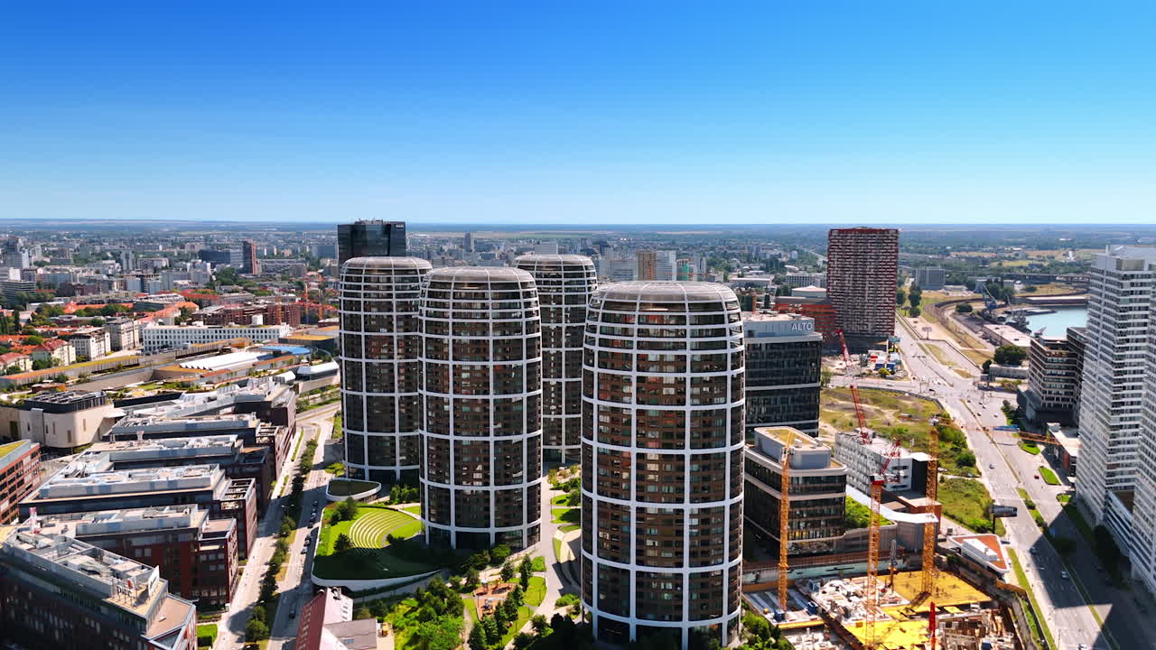 Bratislava's modern skyline. A stunning view of contemporary buildings in Bratislava showcasing urban development on a clear day
