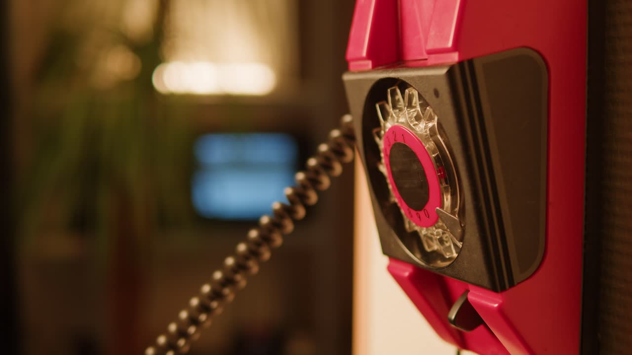 Retro vintage phone, red rotary telephone is displayed on a wooden desk, adding a nostalgic touch
