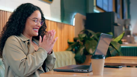 laptop, cafe or happy woman celebrate