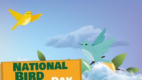 animation of national bird day text over bird icons and sky