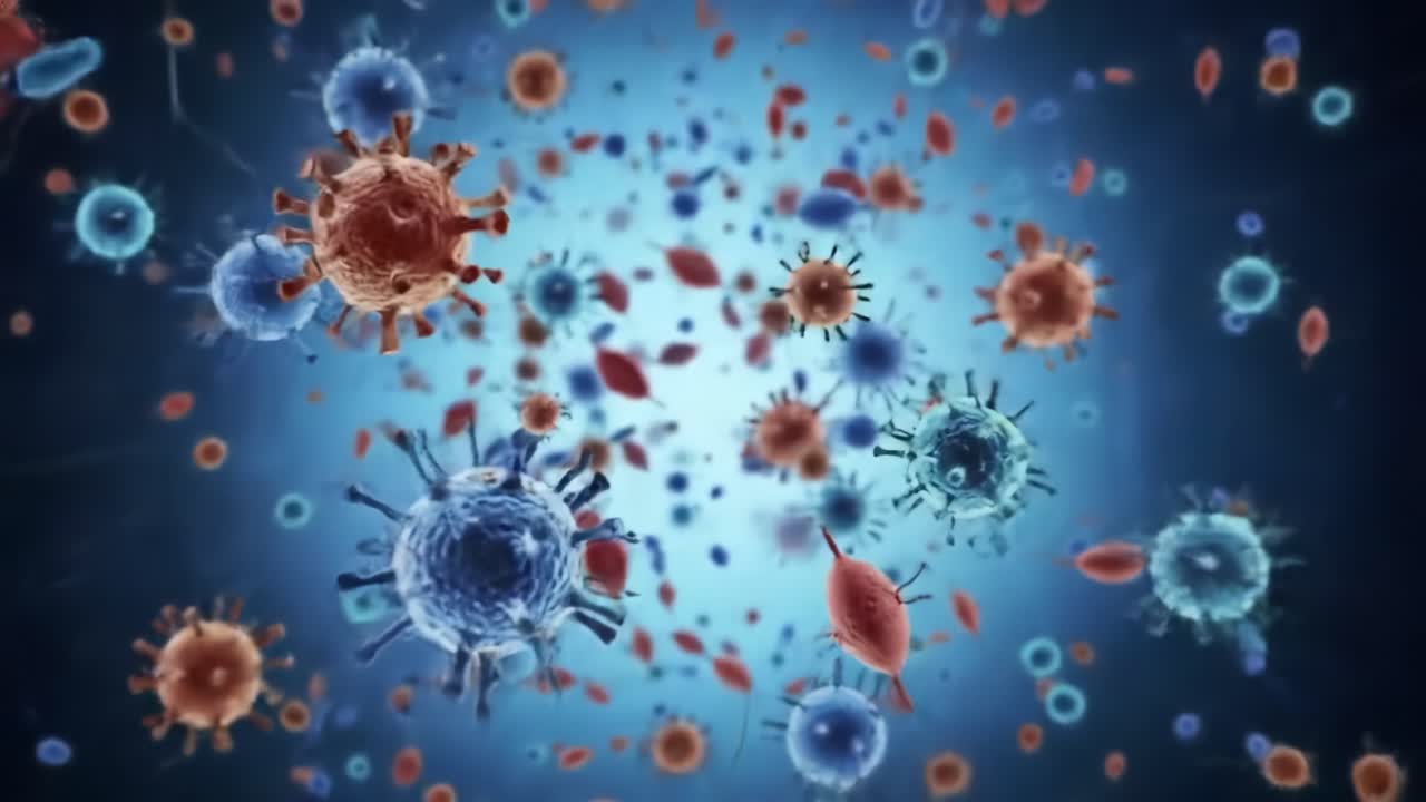 A Detailed Visualization of Microscopic Organisms: Exploring the Dynamic Interactions of Bacteria, Viruses, and Protozoa in an Intricate Biological Environment