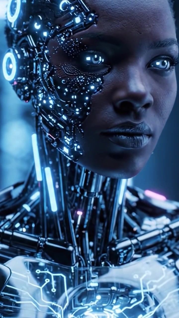 Androide cibernetico futuristico con caratteristiche tecnologiche avanzate e componenti illuminati, catturato in fotogrammi dinamici da una sequenza video di fantascienza.