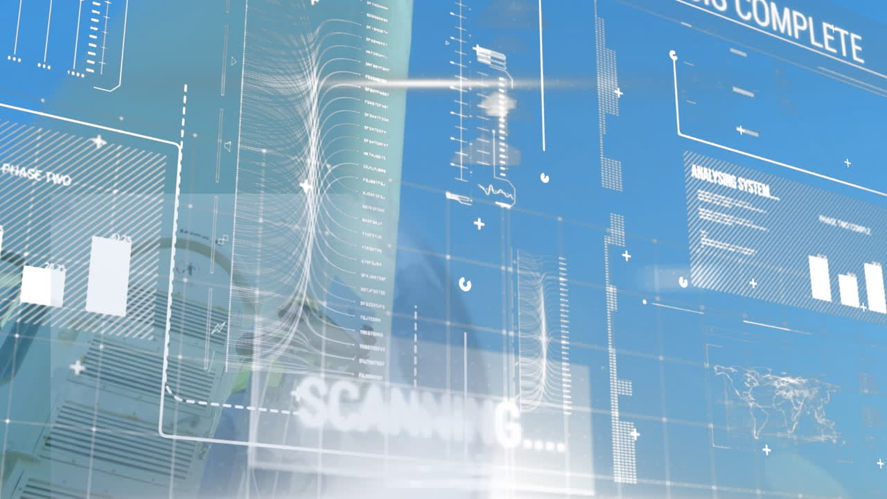 인포그래픽 인터페이스의 애니메이션, 백인 남자가 풍차 입구에서 노트북에서 일하고 있습니다.