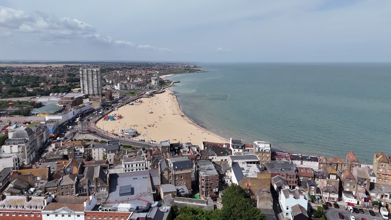 Panning drone aerial Margate seaside town Kent UK summers day
