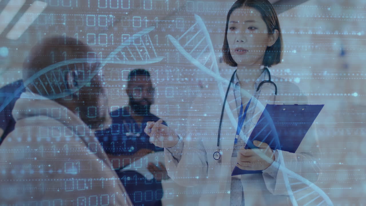 Animation of dna strands and data processing over diverse doctor and patient in hospital