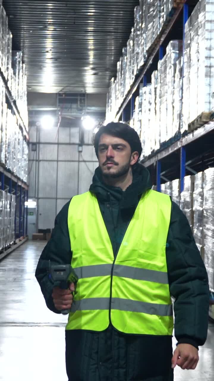 Warehouse worker scanning boxes with a barcode scanner