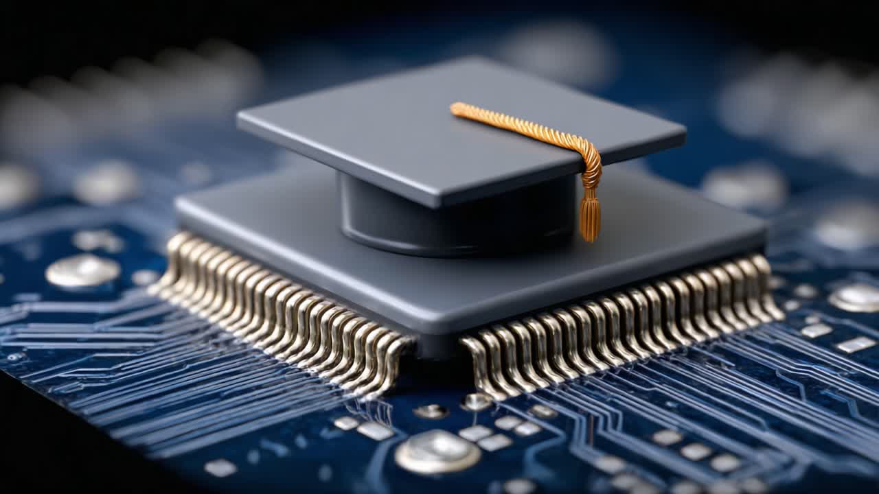 Innovative Fusion of Academia and Technology: A Graduation Cap Resting on a Microchip, Symbolizing the Connection Between Education and Technological Advancement