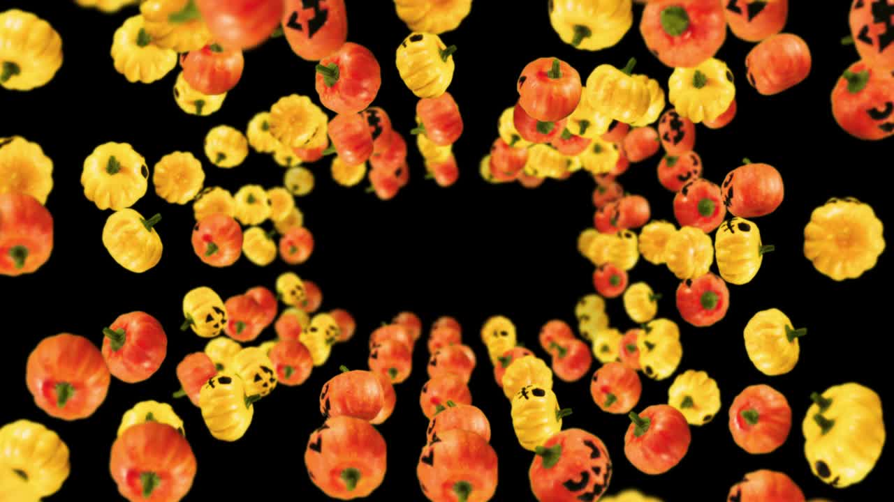 흑색 배경에 많은 오렌지색과 노란색 호박을 날아다니며, 미소와 함께 만화 얼굴, 할로윈 휴가에 대한 3d 애니메이션, 루프 애니메이션.