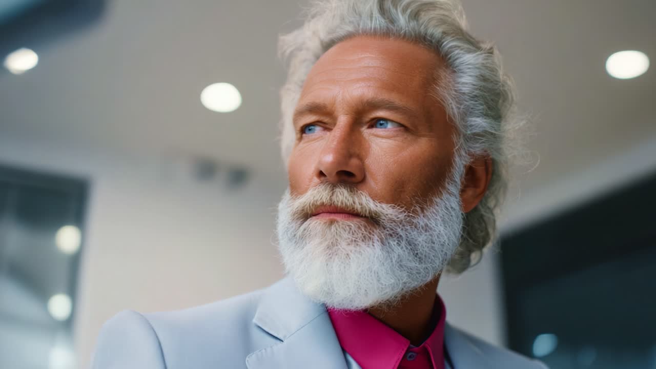 Un distinto signore anziano con capelli argentati e barba folta, vestito con un abito chiaro, emana sicurezza e saggezza in un ambiente interno moderno