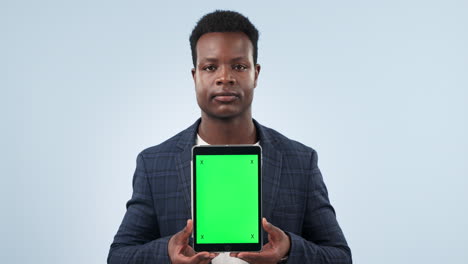 happy black man, tablet and green screen