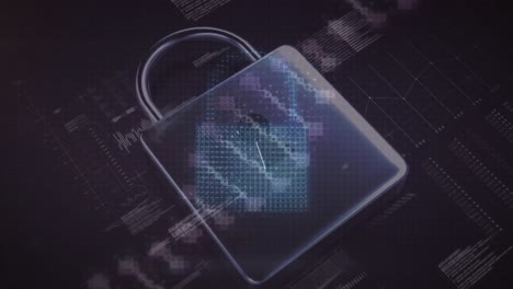 Animation of dna strand, padlock and data processing on black background